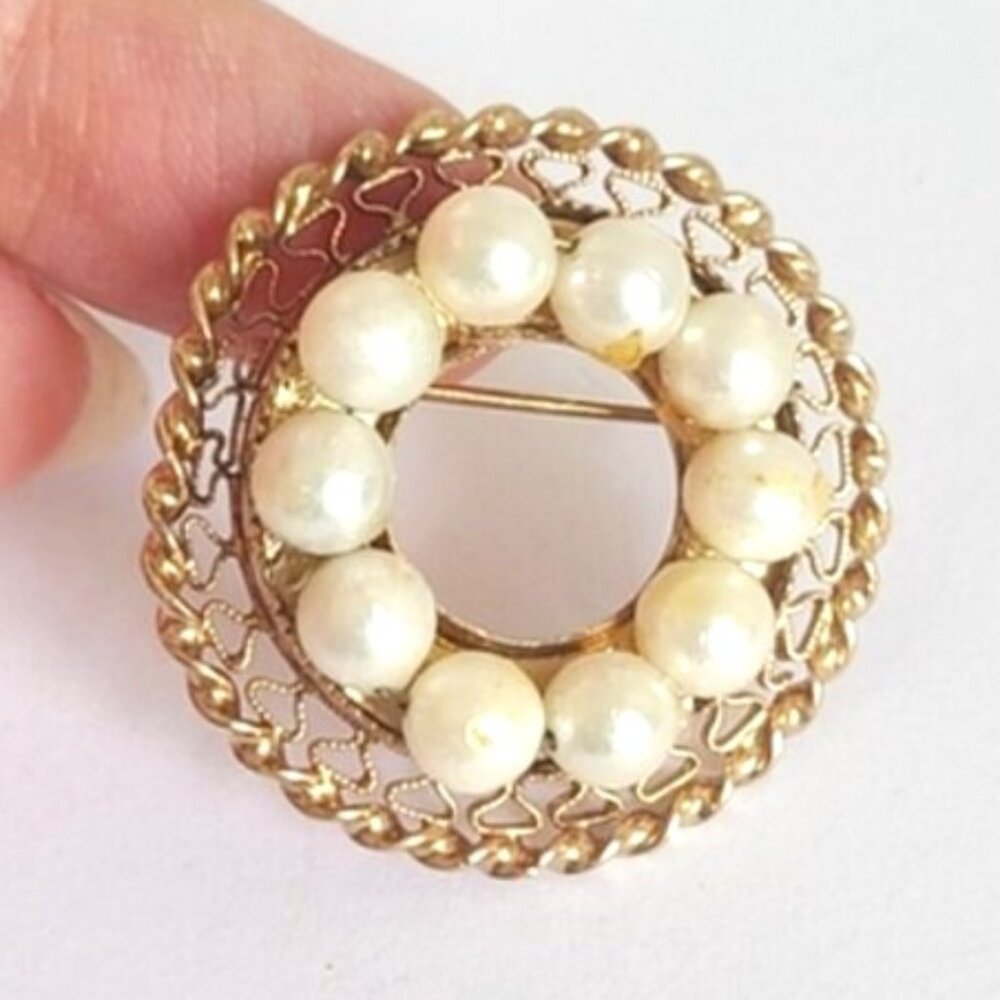 Vintage Boho Baroque Catamore 12K Gold Filled Round Circle Pearl Wreath Brooch